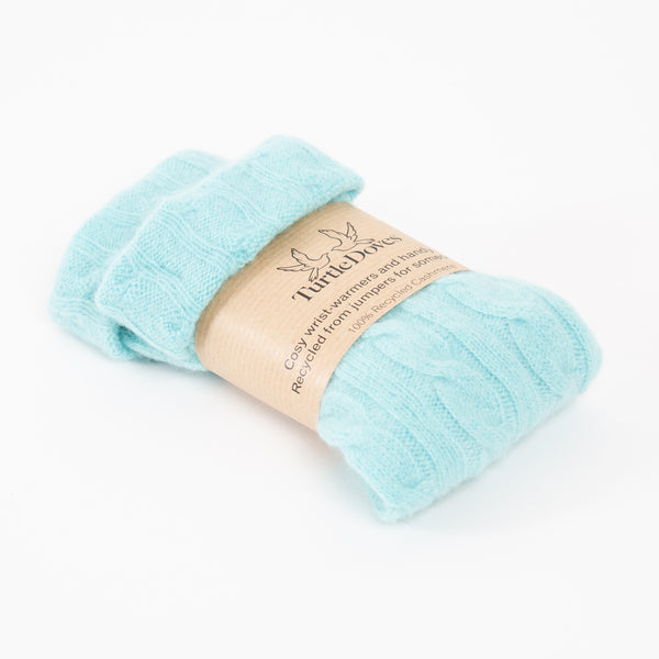 Aqua Cable Cashmere Fingerless Gloves