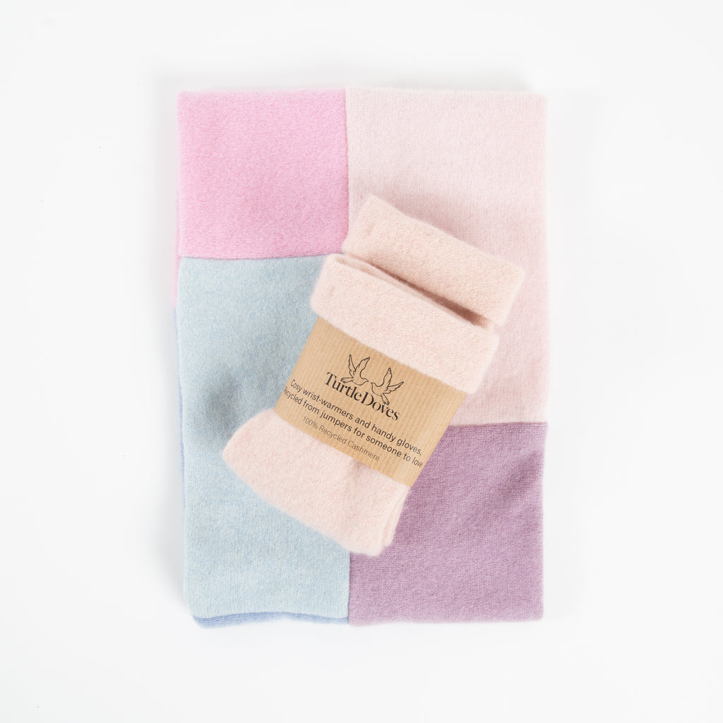 Pearlescent Neckwarmer and Baby Pink Fingerless Gloves